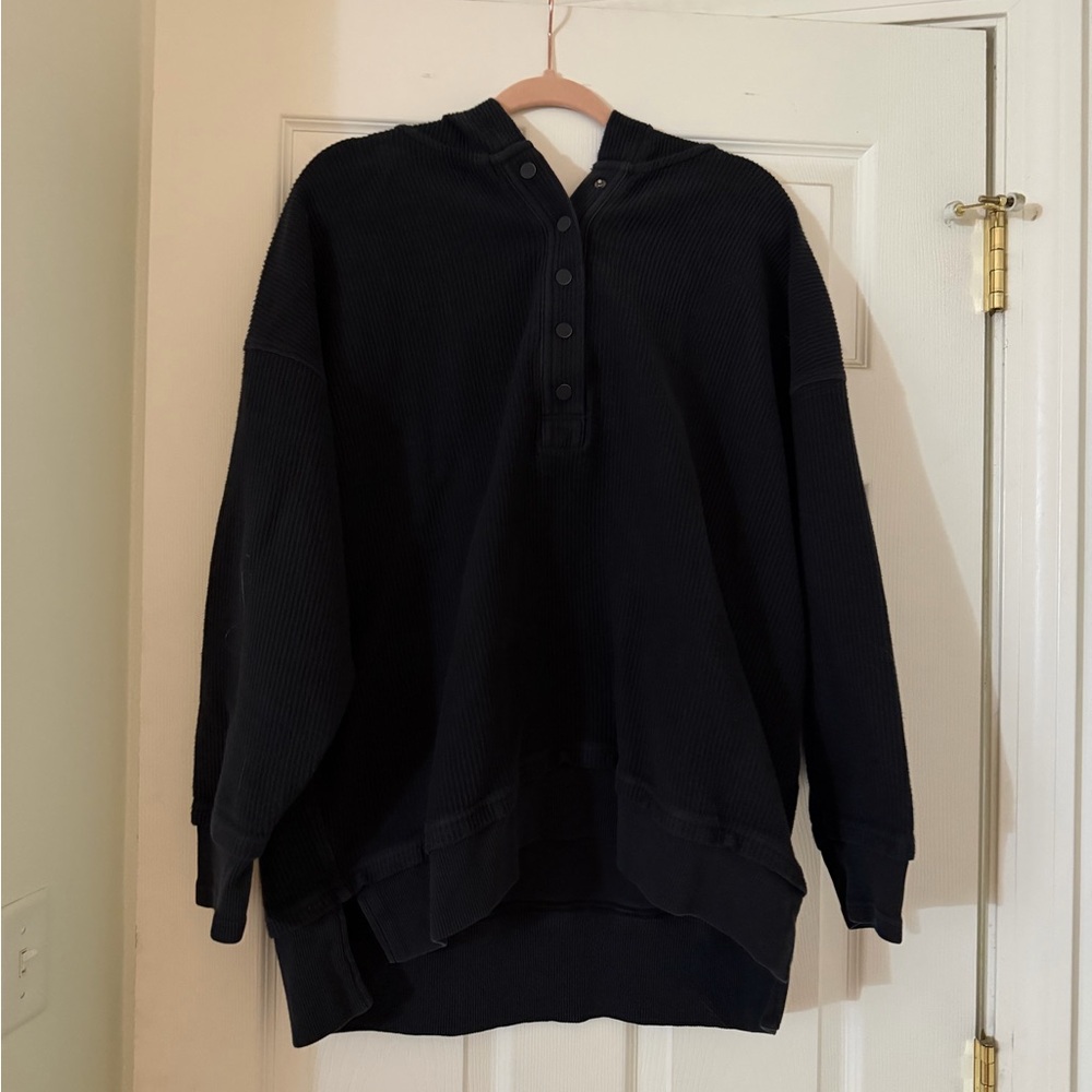 Aerie Black Textured Henley Hoodie